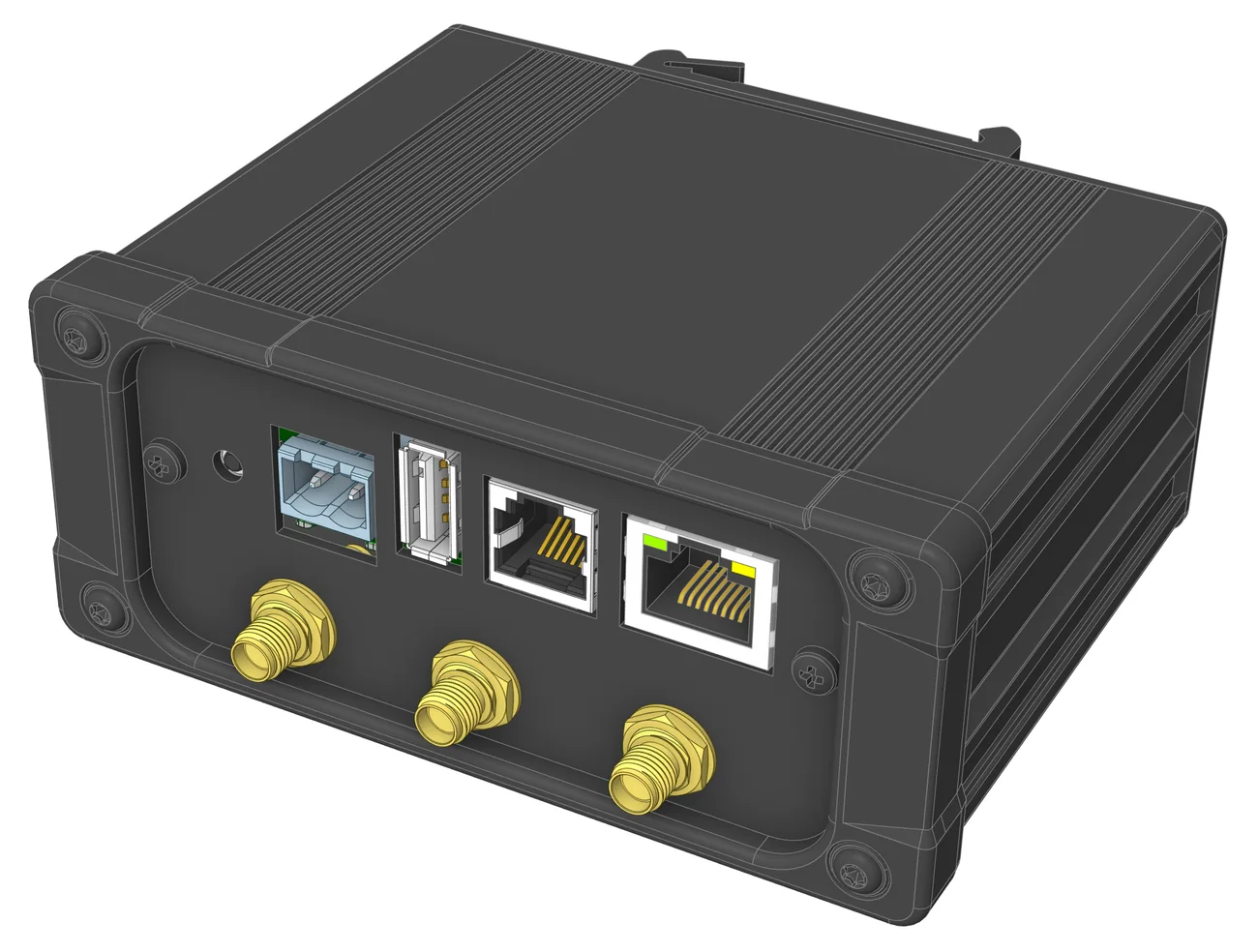 3D engineering model of an industrial embedded gateway enclosure with Ethernet, USB, and RF connectors