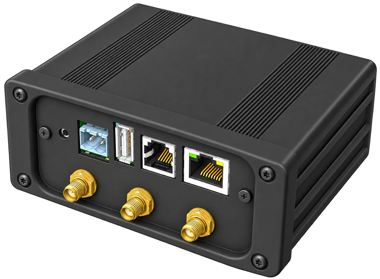 3D engineering model of an industrial embedded gateway enclosure with Ethernet, USB, and RF connectors